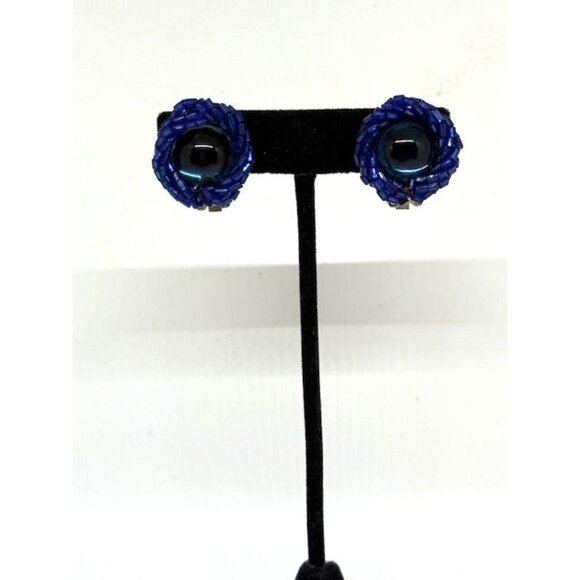 Vintage Blue Seed Bead Cluster Clip On Earrings w/ Blue Cabochon Center - Picture 1 of 7